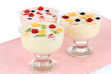 Delicious yogurt with fruit isolated on white