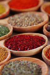 Assortment of spices in wooden spoons, close-up