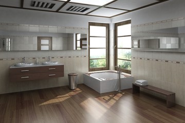 Modern luxury bathroom interior with design bathtub and bench