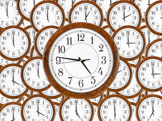 Set of wall clocks with brown wooden frame