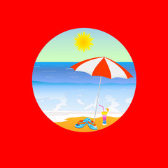 Fototapeta na wymiar beach paradise cartoon vector illustration on a red