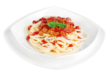 Spaghetti Bolognese on white with clipping paths
