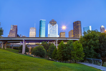 view on downtown Houston in late afternoon from the bayou
