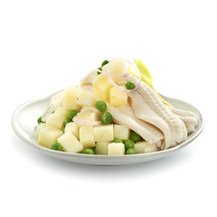 tasty potato fish salad with green pea and onions