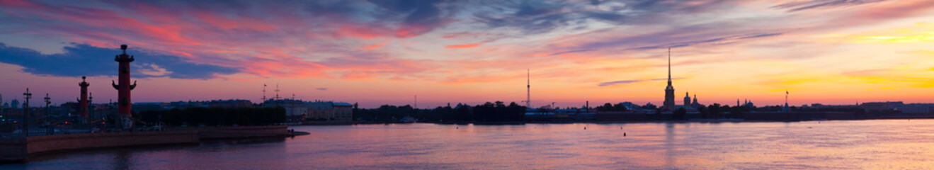 Panorama of Neva river in dawn. Saint Petersburg
