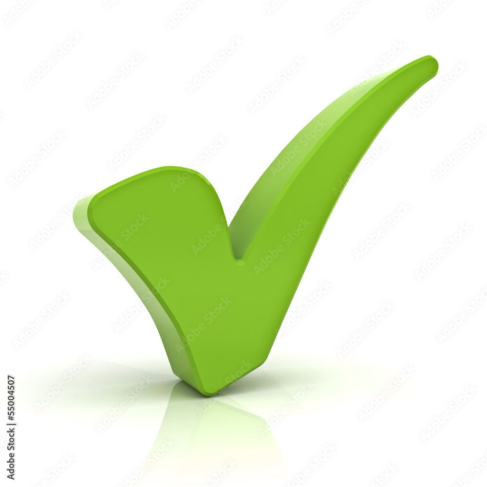 Poster green check mark on white background with reflection