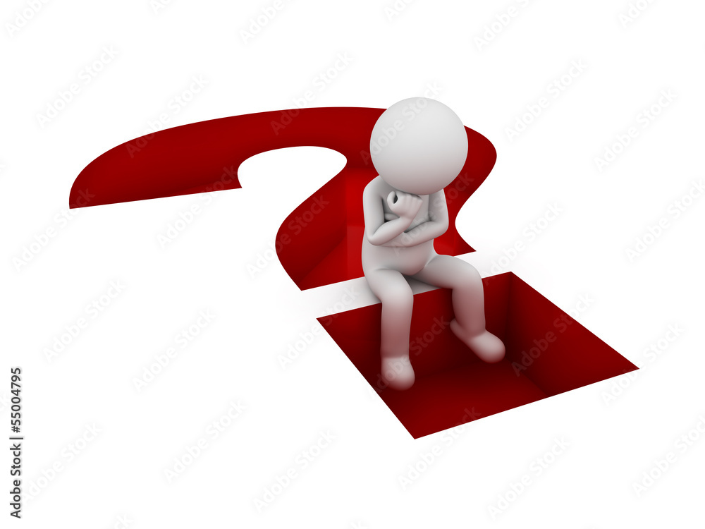 Poster 3d man sitting and thinking on red question mark hole isolated