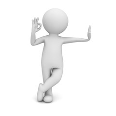 3d man leaning on something and showing okay gesture isolated