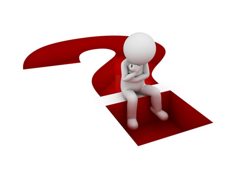 3d man sitting and thinking on red question mark hole isolated