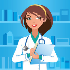 Cute woman pharmacist with clipboard