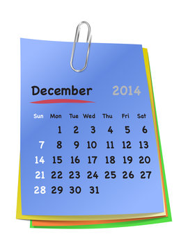 Calendar for december 2014 on colorful sticky notes attached wit