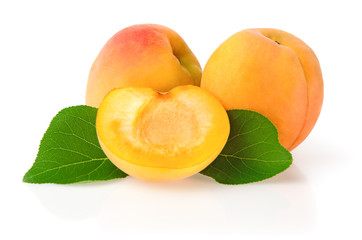 Ripe Apricots with Leaves Isolated on White Background