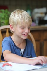 Cute schoolboy is studiyng at home reading a book