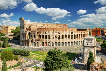 Colosseum (Coliseum) in Rome, Italy. Beautiful panorama of Roma city.