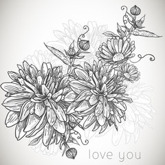 Floral monochrome seamless background with blooming flowers