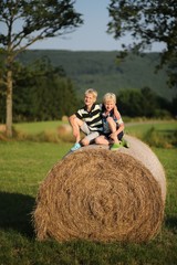 Naklejka na ściany i meble Two cute twin brothers on top of hay bale