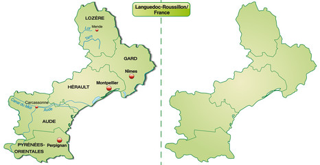 Fototapeta premium Inselkarte von Languedoc-Roussillon mit Grenzen in Pastelgrün