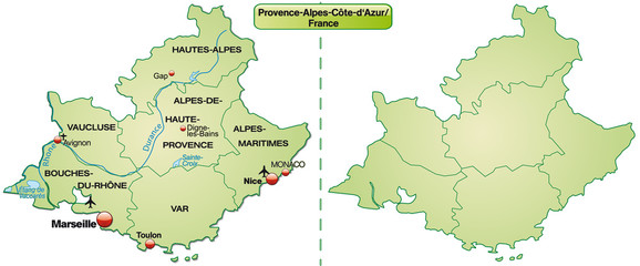 Inselkarte von Provence-Alpes-Côte d´Azur mit Grenzen in Grün