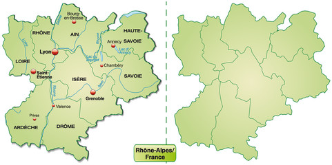 Inselkarte von Rhrône-Alpes mit Grenzen in Pastelgrün