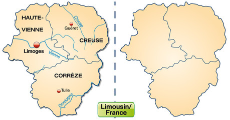 Inselkarte von Limousin mit Grenzen in Pastelorange