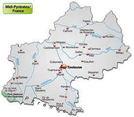 Inselkarte von Midi-Pyrénées als Übersichtskarte in Grau