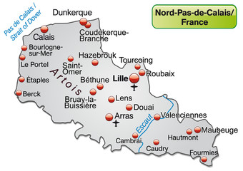 Inselkarte von Nord-Pas-de-Calais als Übersichtskarte in Grau