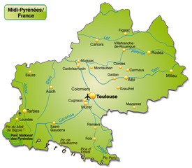 Inselkarte von Midi-Pyrénées als Übersichtskarte in Grün