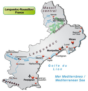 Inselkarte von Languedoc-Roussillon als Übersichtskarte in Grau