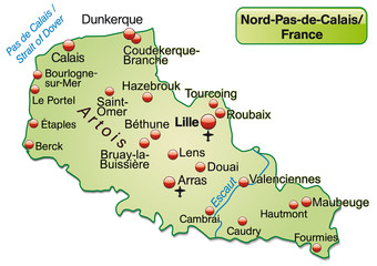 Fototapeta na wymiar Inselkarte von Nord-Pas-de-Calais als Übersichtskarte in Pastelg