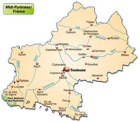 Inselkarte von Midi-Pyrénées als Übersichtskarte in Pastelorange