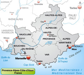Fototapeta na wymiar Umgebungskarte von Provence-Alpes-Côte d´Azur mit Grenzen in Gra