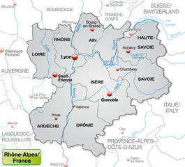 Fototapeta premium Umgebungskarte von Rhrône-Alpes mit Grenzen in Grau
