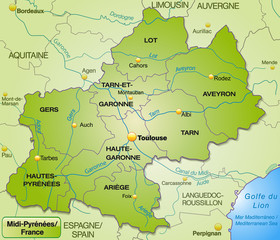 Umgebungskarte von Midi-Pyrénées mit Grenzen in Grün