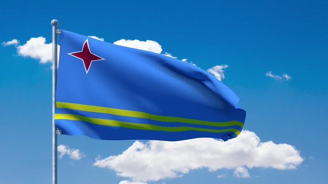 Aruban flag waving over a blue cloudy sky