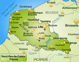 Umgebungskarte von Nord-Pas-de-Calais als Übersichtskarte in Grü