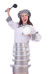 Cook with stack of pots on white