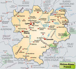 Fototapeta na wymiar Umgebungskarte von Rhrône-Alpes als Übersichtskarte in Pastelora
