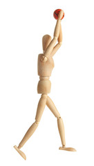 Wooden mannequin with basketball ball on grey background