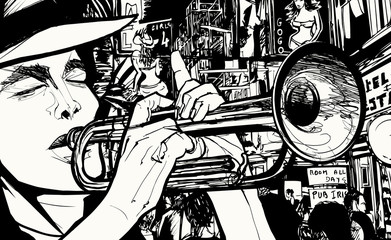 Mann spielt Trompete in einem Rotlichtviertel