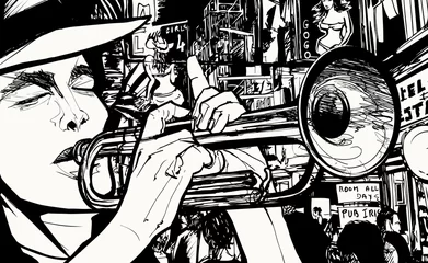 Abwaschbare Fototapete Musik Band Mann spielt Trompete in einem Rotlichtviertel