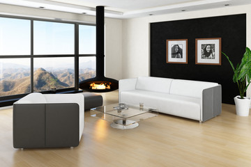 Loft interior with huge windows, fireplace and landscape view