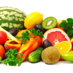 fresh fruits and vegetables isolated on white background