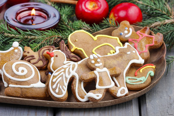 Gingerbread cookies on christmas eve table. Closeup.