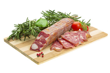 Salami with rosemary, basil and tomato