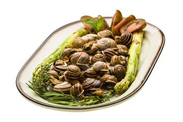 Escargot with asparagus, rosemary, thymus and tomato