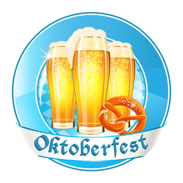 Oktoberfest Round Banner With Beer Glasses And Pretzel