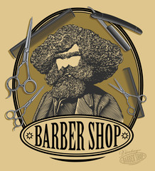 Naklejka premium Rocznika fryzjera sklepu znaka deska z brodatym mężczyzna, nożyce