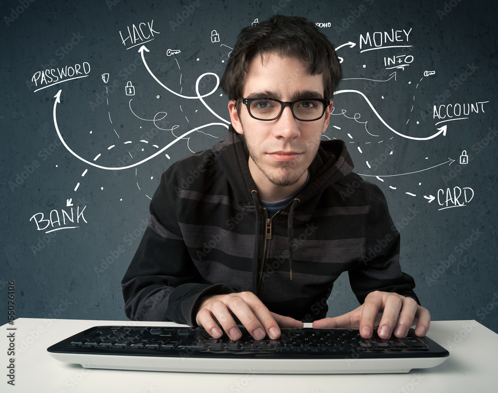Poster young hacker with white drawn line thoughts