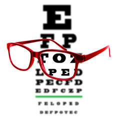 Eye vision test chart seen through eye glasses