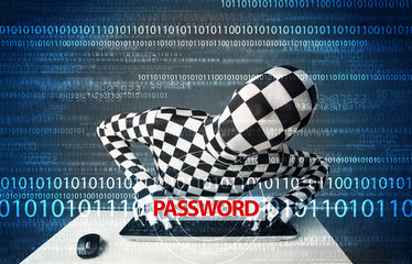 Hacker in morph 3d mask stealing password